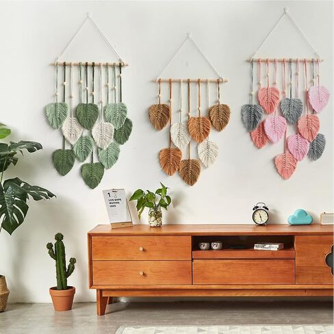 Kakalote Macrame جدار معلق على شكل أوراق شجر منسوجة، ديكور بوهوس ريش أنيق كبير، ديكورات فنية جدارية حديثة، لخلفية غرفة المعيشة وغرفة النوم والحضانة (أخضر) in Kuwait