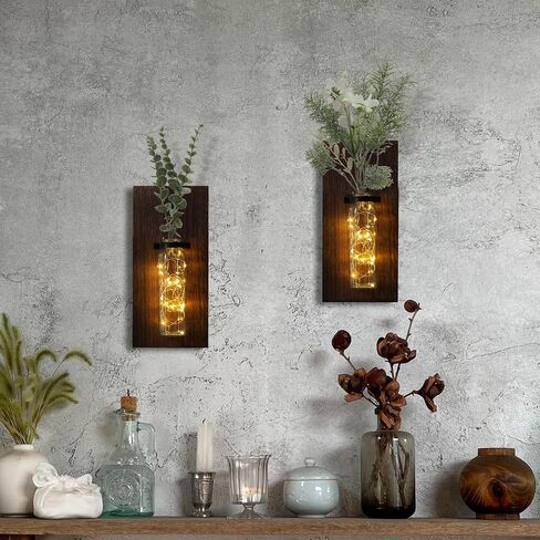 Heiple 2 Pack Wood Farmhouse Decor Sconces, Wall Planters for Indoor Plants, Wood Glass Wall Decor for Bathroom, Farmhouse Wall Hanging Glass Wall Vase Sconces (Brown) in Saudi Arabia