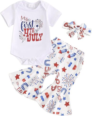 AEEMCEM Newborn Baby Girl 4th of July Outfit Mommy&Daddy's Little Firecracker Romper Tie Dye Flared Pants Headband 3Pcs Set in Saudi Arabia