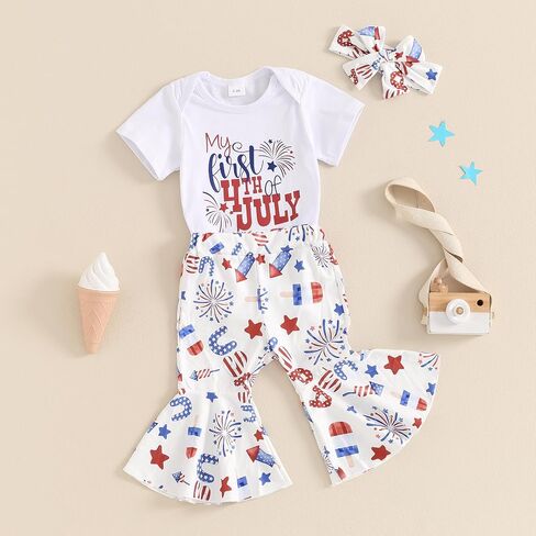 AEEMCEM Newborn Baby Girl 4th of July Outfit Mommy&Daddy's Little Firecracker Romper Tie Dye Flared Pants Headband 3Pcs Set in Saudi Arabia