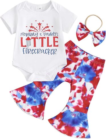 AEEMCEM Newborn Baby Girl 4th of July Outfit Mommy&Daddy's Little Firecracker Romper Tie Dye Flared Pants Headband 3Pcs Set in Saudi Arabia
