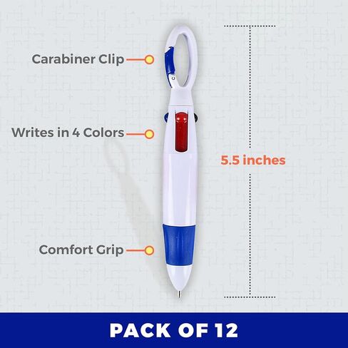 Retractable Shuttle Pens with Carabiner Clip - Pack of 12 Bulk Mini 4-in-1 Multi-Colored Ink Ballpoint Pens with Keychain for Adults, Kids, Nurses, School, Stocking Stuffer Gifts, Party Favors in Saudi Arabia