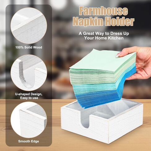 Menkxi 4 Pcs Napkin Holder for Table Wooden Farmhouse Square White Napkin Holders for Paper Napkins Wood Napkin Holder for Restaurant Kitchen Dining Room Table Decoration Bar Accessories in Saudi Arabia