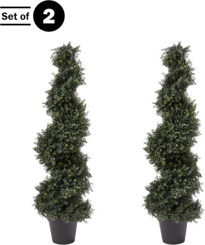 مجموعة بيور جاردن مكونة من شجرتين صناعيتين - نباتات السرو الحلزونية بطول 4 أقدام مع أواني - نباتات وهمية داخلية أو خارجية محمية من الأشعة فوق البنفسجية لديكور المنزل أو الشرفة in Kuwait