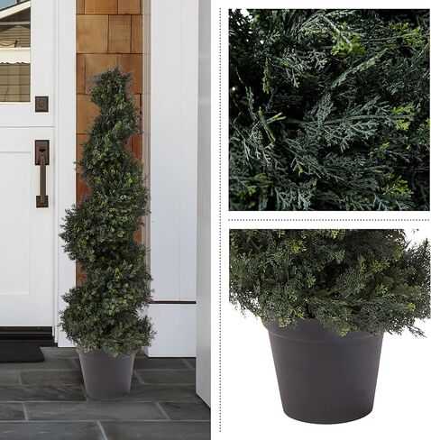 مجموعة بيور جاردن مكونة من شجرتين صناعيتين - نباتات السرو الحلزونية بطول 4 أقدام مع أواني - نباتات وهمية داخلية أو خارجية محمية من الأشعة فوق البنفسجية لديكور المنزل أو الشرفة in Kuwait