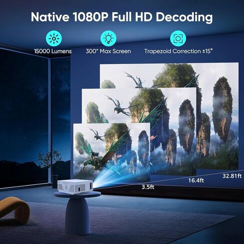 جهاز عرض مزود بواي فاي وبلوتوث، جهاز عرض صغير أصلي 1080 بكسل 15000 لومن 500 ANSI 4K، جهاز عرض فيديو محمول متوافق مع عصا تلفاز Iphone Android Phone (يتضمن حامل ثلاثي القوائم وشاشة) in Kuwait