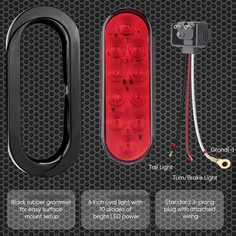 T6 4PCS 6 "أحمر بيضاوي LED ضوء مقطورة مع سطح جبل المقابس جروميت 3 دبوس التوصيل IP65 مقاوم للماء الخلفي تشغيل إيقاف الفرامل بدوره أضواء الذيل عدة أضواء مقطورة البحرية لقارب RV شاحنة جيب حافلة in Kuwait
