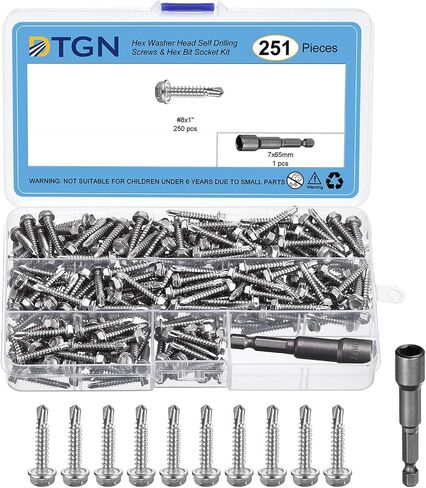 DTGN 250 قطعة #8 × 1 بوصة براغي ذات رأس غسالة سداسية الحفر الذاتي، مجموعة براغي معدنية من الصفائح المعدنية ذاتية التنصت 410 مع مقبس لقمة سداسية in Kuwait
