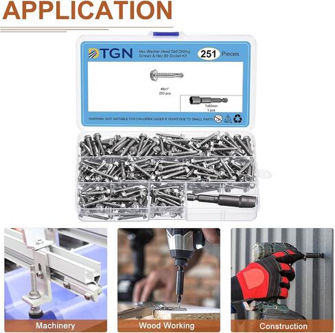DTGN 250 قطعة #8 × 1 بوصة براغي ذات رأس غسالة سداسية الحفر الذاتي، مجموعة براغي معدنية من الصفائح المعدنية ذاتية التنصت 410 مع مقبس لقمة سداسية in Kuwait