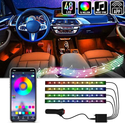 مصابيح LED Mega Racer للجزء الداخلي للسيارة - 48 شريحة LED RGB أكثر من 16 مليون لون قابل للتخصيص، ومزامنة الموسيقى و27 تأثيرًا مقاومًا للماء، متوافق مع iPhone Android، شاحن سيارة DC 12V in Saudi Arabia