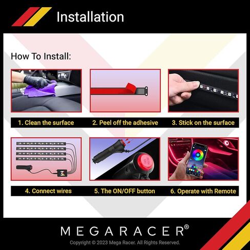 مصابيح LED Mega Racer للجزء الداخلي للسيارة - 48 شريحة LED RGB أكثر من 16 مليون لون قابل للتخصيص، ومزامنة الموسيقى و27 تأثيرًا مقاومًا للماء، متوافق مع iPhone Android، شاحن سيارة DC 12V in Saudi Arabia