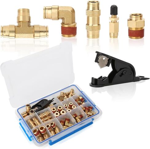 NIHAO 43 PCS Brass Air Brake Line Fittings with Tube Cutter, 1/2" 3/8" 1/4" Brass Union/Tee/Elbow/Straight Air Fittings Connectors, Push to Connect Fittings for Truck or Industrial Air System in Kuwait