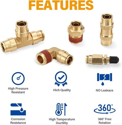 NIHAO 43 PCS Brass Air Brake Line Fittings with Tube Cutter, 1/2" 3/8" 1/4" Brass Union/Tee/Elbow/Straight Air Fittings Connectors, Push to Connect Fittings for Truck or Industrial Air System in Kuwait