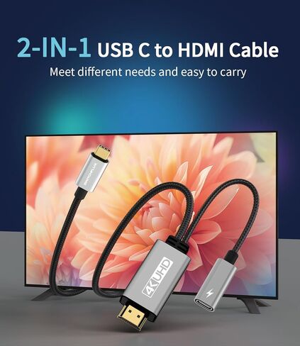 كابل USB C إلى HDMI مع شاحن PD | 4K USB من النوع C إلى HDMI مع منفذ شحن 100 وات، وسلك Thunderbolt 3/4 إلى HDMI المضفر متوافق مع سلسلة iPhone 15، وMacBook، وSteam Deck، والمزيد - 6FT in Kuwait