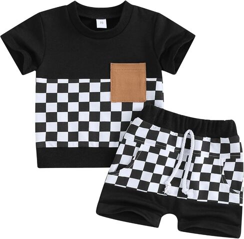 Newborn Baby Girl Boy Summer Clothes Checkered Plaid Short Sleeve T-Shirt Tops Shorts Set Color Block Outfit in Saudi Arabia