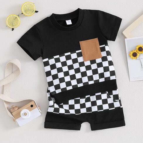 Newborn Baby Girl Boy Summer Clothes Checkered Plaid Short Sleeve T-Shirt Tops Shorts Set Color Block Outfit in Saudi Arabia
