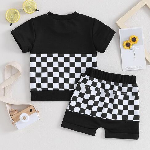 Newborn Baby Girl Boy Summer Clothes Checkered Plaid Short Sleeve T-Shirt Tops Shorts Set Color Block Outfit in Saudi Arabia