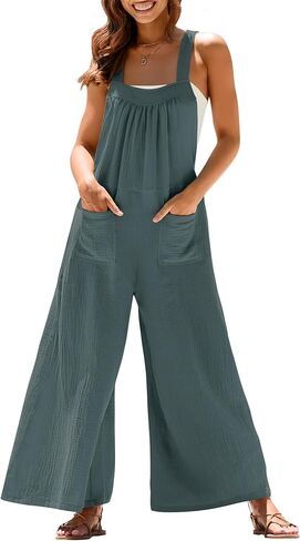 بذلة Casly Lamiit للسيدات صيفية غير رسمية فضفاضة مريلة واسعة الساق وأشرطة قابلة للتعديل بوهو للإجازات بدون أكمام وبنطلون طويل رمادي أزرق L in Kuwait