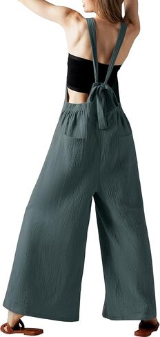 بذلة Casly Lamiit للسيدات صيفية غير رسمية فضفاضة مريلة واسعة الساق وأشرطة قابلة للتعديل بوهو للإجازات بدون أكمام وبنطلون طويل رمادي أزرق L in Kuwait