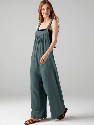 بذلة Casly Lamiit للسيدات صيفية غير رسمية فضفاضة مريلة واسعة الساق وأشرطة قابلة للتعديل بوهو للإجازات بدون أكمام وبنطلون طويل رمادي أزرق L in Kuwait