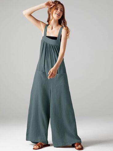 بذلة Casly Lamiit للسيدات صيفية غير رسمية فضفاضة مريلة واسعة الساق وأشرطة قابلة للتعديل بوهو للإجازات بدون أكمام وبنطلون طويل رمادي أزرق L in Kuwait