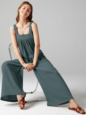 بذلة Casly Lamiit للسيدات صيفية غير رسمية فضفاضة مريلة واسعة الساق وأشرطة قابلة للتعديل بوهو للإجازات بدون أكمام وبنطلون طويل رمادي أزرق L in Kuwait