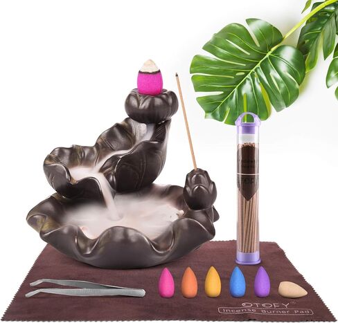 OTOFY حامل بخور مبخرة بتدفق خلفي مصنوع يدويًا مع 90 مخروط بخور + 50 مجموعة من أعواد البخور، زخرفة عطرية لتزيين المنزل وتمثال زينة الهدايا (سمكة بنية مزدوجة) in Kuwait