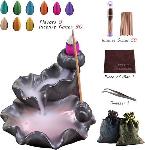 OTOFY حامل بخور مبخرة بتدفق خلفي مصنوع يدويًا مع 90 مخروط بخور + 50 مجموعة من أعواد البخور، زخرفة عطرية لتزيين المنزل وتمثال زينة الهدايا (سمكة بنية مزدوجة) in Kuwait