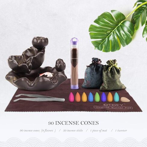 OTOFY حامل بخور مبخرة بتدفق خلفي مصنوع يدويًا مع 90 مخروط بخور + 50 مجموعة من أعواد البخور، زخرفة عطرية لتزيين المنزل وتمثال زينة الهدايا (سمكة بنية مزدوجة) in Kuwait