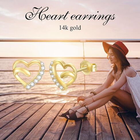 أقراط من الذهب عيار 14 قيراط للنساء أقراط على شكل قلب من الذهب الصلب مع AAAAA مكعب الزركون أقراط مجوهرات على شكل قلب أنيقة لذكرى عيد ميلادها وعيد الحب وعيد الأم in Kuwait