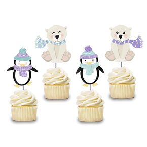 Penguin Cupcake Toppers 12 PCS, Cake Picks, Girl, Boy Baby Shower, Winter Wonderland Birthday Party Decorations Supplies, Polar Bear Themed