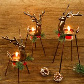 Juegoal Set of 3 Reindeer Tealight Candle Holders, Standing Iron Metal Christmas Decorations, Glass Votive Candle Holder, Durable and Rust-Proof Holiday Tabletop Centerpiece and Display in Saudi Arabia