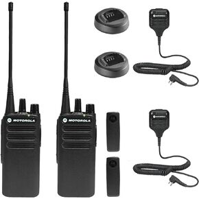 2 x Motorola CP100D Analog UHF Portable Non-Display Two Way Radio, 16 Channel, 4 Watt (403-480MHz) + 2 x HKLN4606 Remote Speaker Mic - 2 Pack with Mic Bundle