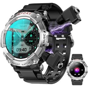 Military Smart Watch with Earbuds,iOS and Android Phones,Round 1.52 inch Full Touch Screen,Fitness Tracker,Answer/Make Call,Voice Recording,Sleep Monitor,Music Player