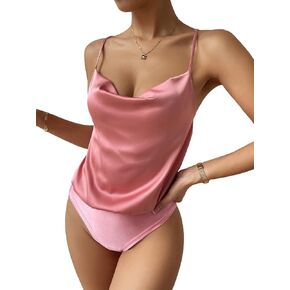 WDIRARA Women's Cowl Neck Spaghetti Strap Satin Cami Bodysuit Sexy Tops