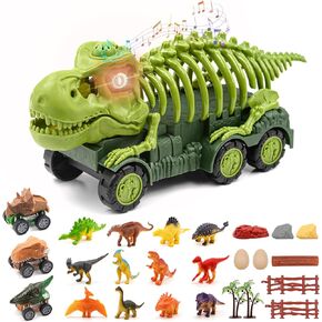 Dinosaur Toys for Kids with Roar & Light, Dinosaur Truck Play Set, Includes 12 Dinosaur Figures and 3 Dinosaur Cars, Boys Girls Birthday Gifts