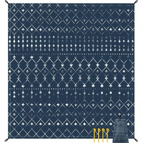 Waterproof Beach Blanket, Moroccan Blythe Navy Geometry Sand Free Beach Mat, Large 78''×86'' Foldable Beach Blanket for 1-4 Adults with Stakes, Beach Essential Accessory Must Haves