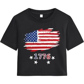 Girl Crop Tops July 4th Crewneck Tshirt American Flag Patriotic USA Flag Girls Outfit Clothes Size 6-14