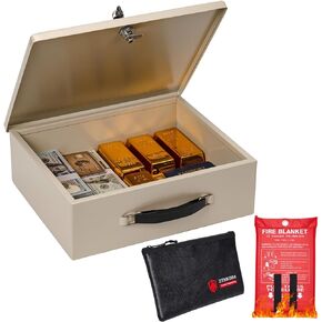 Fireproof Document Box with Key Lock & Fireproof Money Bag & Fire Blankets,Fire Safe Box for Valuables,Fire Resistance Portable Security Chest,Fireproof Box for Documents,Passport Extra Large,White