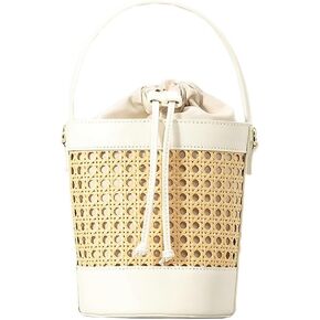 Woven Rattan Bag for Women Perforated PU Leather Bucket Bag Summer Top-handle Drawstring Handbag Purses