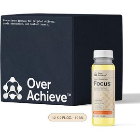 OVERACHIEVE Focus Supplement with Advanced Nanoscience Technology, 12 Pack, Contains Yerba Mate, Ashwagandha, Lions Mane Mushroom, Nootropic Brain Supplements, Orange Drink, 2 oz