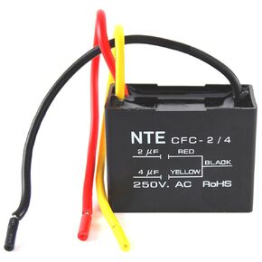 NTE Electronics CFC-2/4 Series CFC Polyester Ceiling Fan Capacitor, 3 Wire, 125/250 VAC, 2.0/4.0 Μf Capacitance