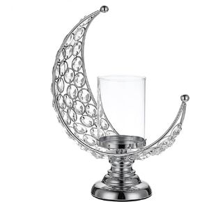 OwnMy Moon Shaped Crystal Pillar Candle Holder Tealight Holder with Glass Cover, Metal Crystal Moon Pillar Candle Stand Votive Candlestick Candle Lamp for Dining Table Centerpiece Wedding (Gold)
