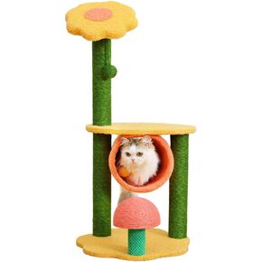 4 in 1 Cat Tree, 35.4 Inches Cute Sunflower Cat Tower with Fully Scratching Posts, Jumping Platform, Sisal Mushroom Ball, Tunnel, Interactive Balls for Indoor Cats Kittens