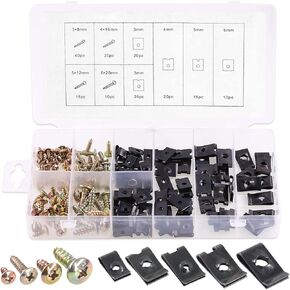 Rustark 170 Pcs U-Clip and Screw Assortment Kit 9 Sizes Auto Car Clips Fasteners with Screws Set in Store Case for Bumper Dash Door Panel Interior