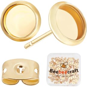 Beebeecraft 1 Box 50Pcs Post Stud Earring Findings 18K Gold Plated Blanks Round Cabochon Prong Earring Bezels Trays Settings with 6mm Tray and 50Pcs Earring Backs for Earring Jewelry Making