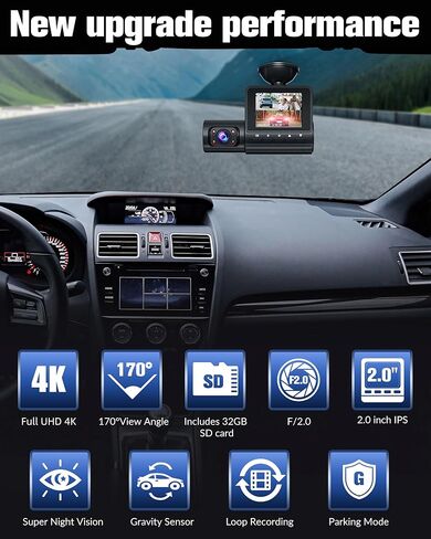كاميرا داش للسيارات، كاميرا داش كام أمامية وخلفية بدقة 4K كاملة الوضوح، كاميرا داش كام مع رؤية ليلية مع بطاقة مجانية سعة 32 جيجابايت، تسجيل دائري مدمج، قفل للحوادث، مستشعر G، WDR، شاشة انتظار 24 ساعة - (S6) in Kuwait