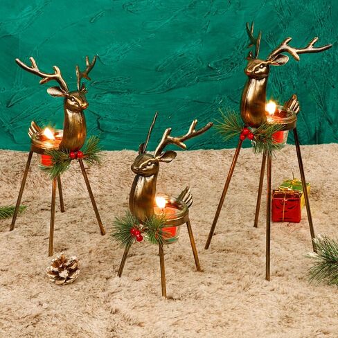 Juegoal Set of 3 Reindeer Tealight Candle Holders, Standing Iron Metal Christmas Decorations, Glass Votive Candle Holder, Durable and Rust-Proof Holiday Tabletop Centerpiece and Display in Saudi Arabia