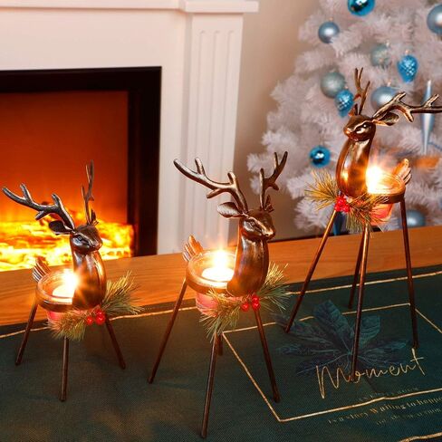 Juegoal Set of 3 Reindeer Tealight Candle Holders, Standing Iron Metal Christmas Decorations, Glass Votive Candle Holder, Durable and Rust-Proof Holiday Tabletop Centerpiece and Display in Saudi Arabia
