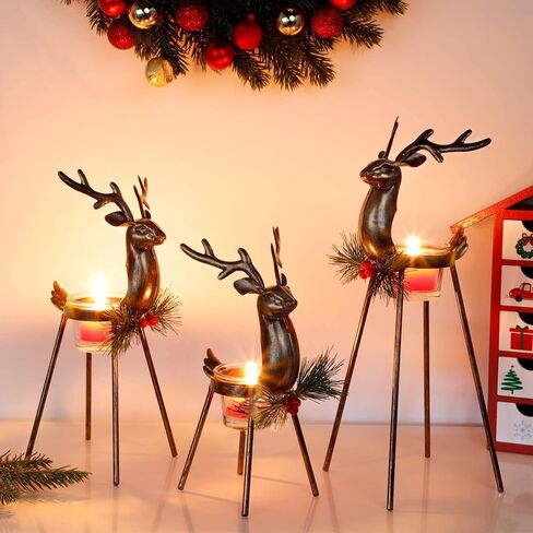 Juegoal Set of 3 Reindeer Tealight Candle Holders, Standing Iron Metal Christmas Decorations, Glass Votive Candle Holder, Durable and Rust-Proof Holiday Tabletop Centerpiece and Display in Saudi Arabia